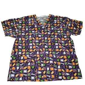 Cute fall/Halloween Peaches scrub Top
